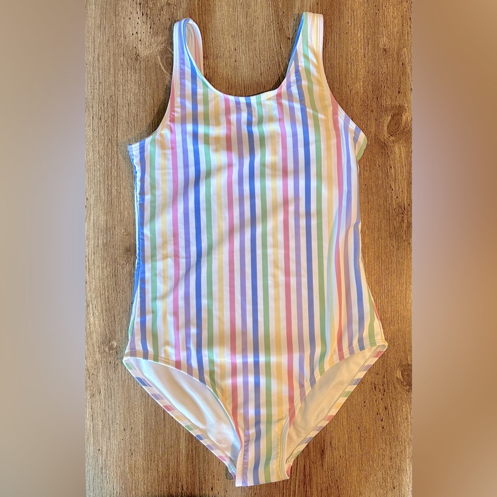 girls striped one piece bathing suit.